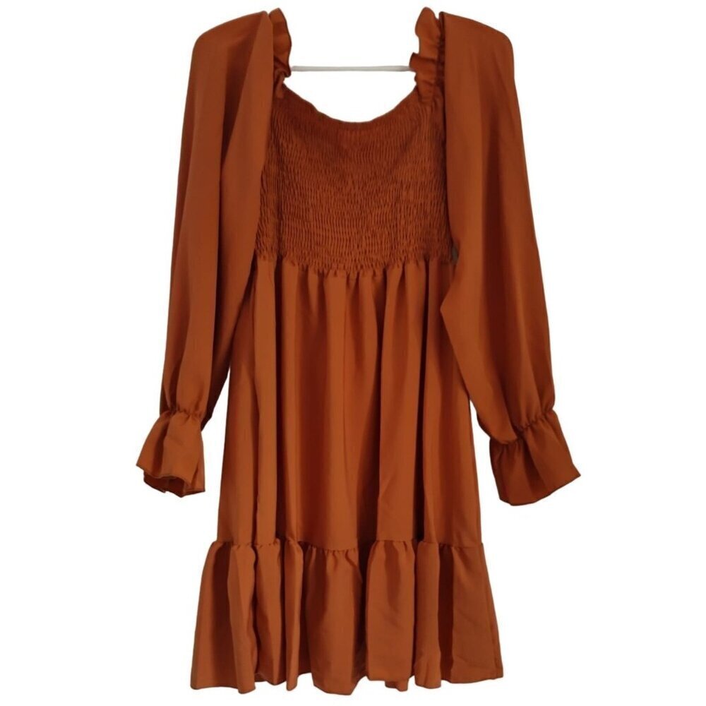 Long sleeve ruched dress in rust orange with ruffled hem, polyester. Size L NWT - Picture 4 of 10